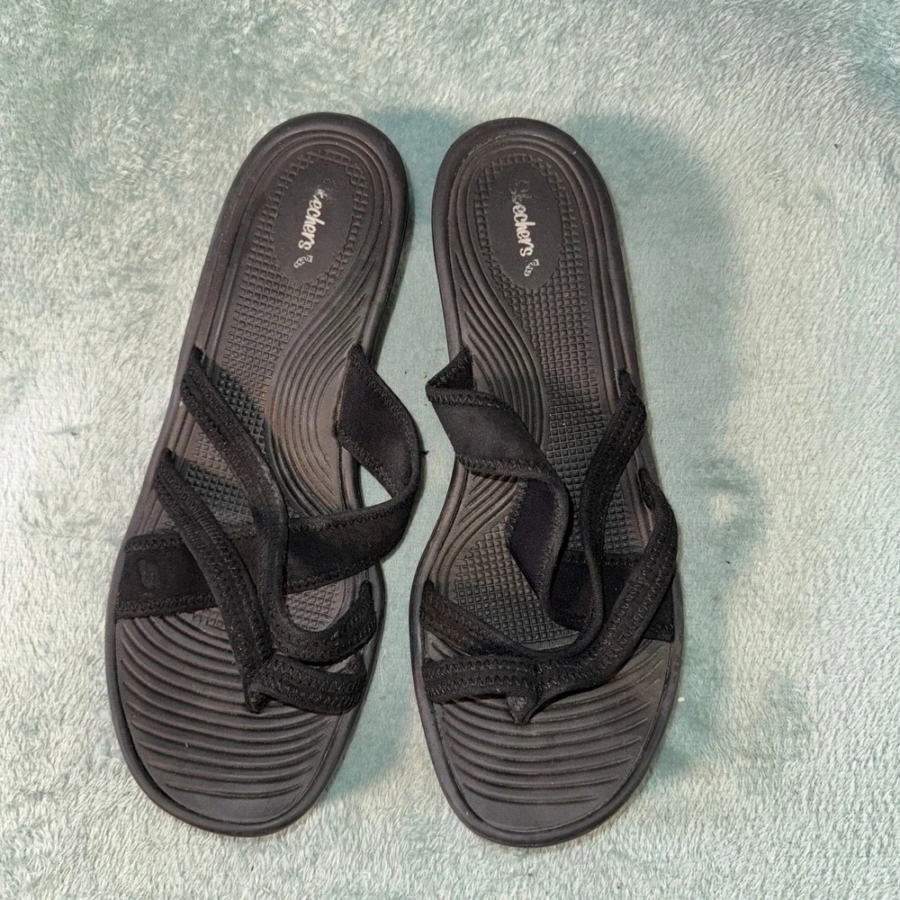 Skechers Women Cali Rumblers Wedge Sandals 10 Black Strappy Comfort Foam